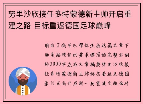 努里沙欣接任多特蒙德新主帅开启重建之路 目标重返德国足球巅峰